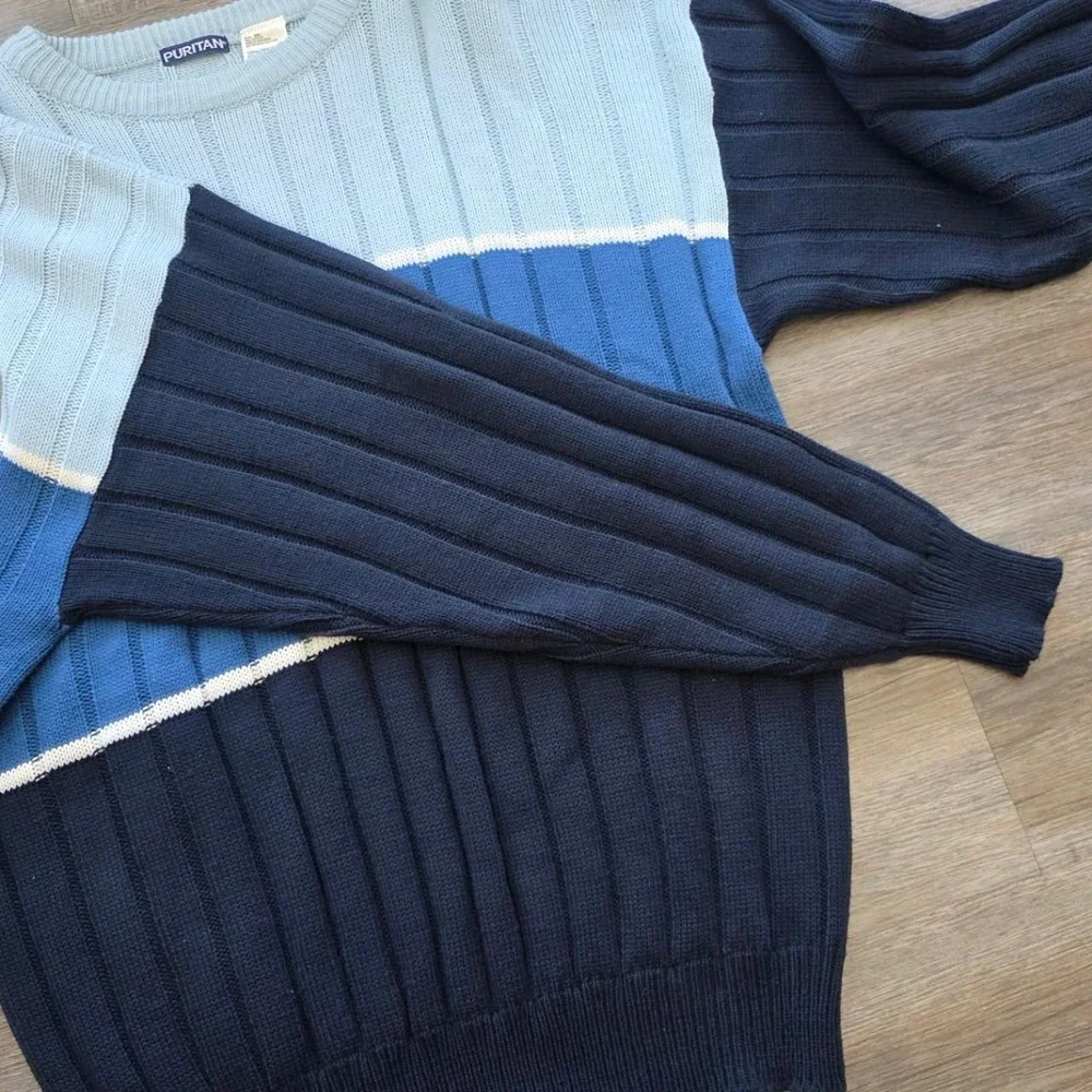 Vintage Puritan 90s Blue Ribbed Colorblock Crewneck Sweater Mens 2XL